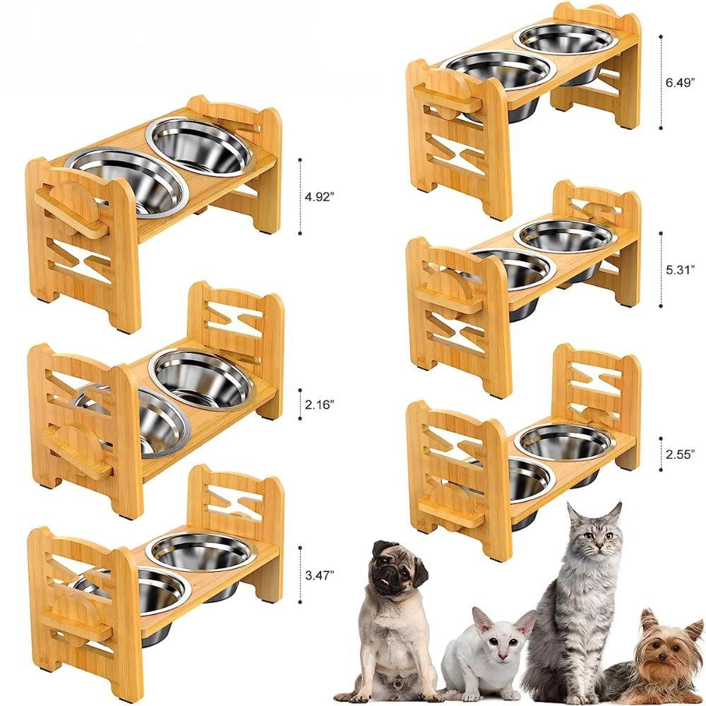 Adjustable Bamboo Elevated Dog Bowls with Stainless Steel Food BowlsPet Food/Water BowlBravo Pets