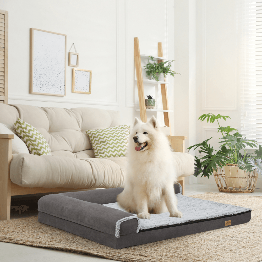 L - shape Pet Calming Bed Chaise Sofa Kennel Mat with Removable Plush CoverDog BedBravo Pets