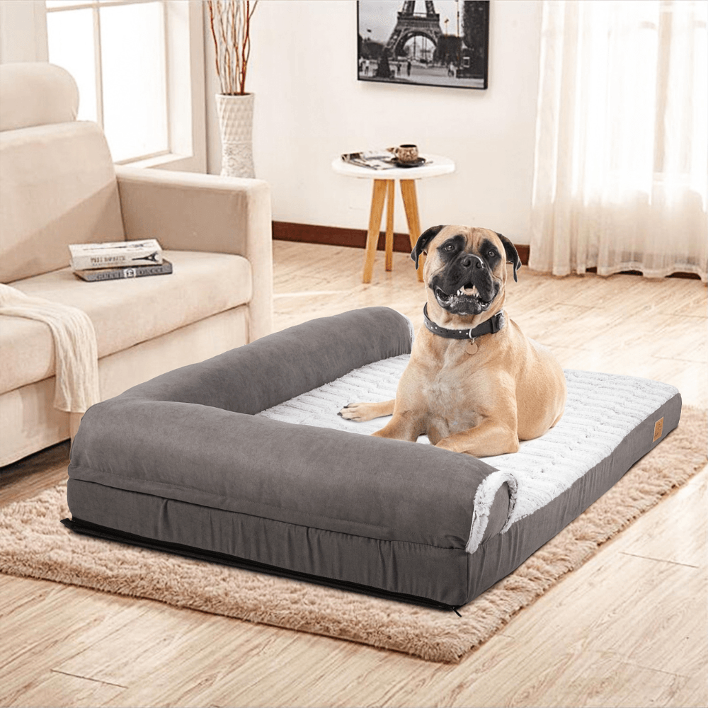 L - shape Pet Calming Bed Chaise Sofa Kennel Mat with Removable Plush CoverDog BedBravo Pets