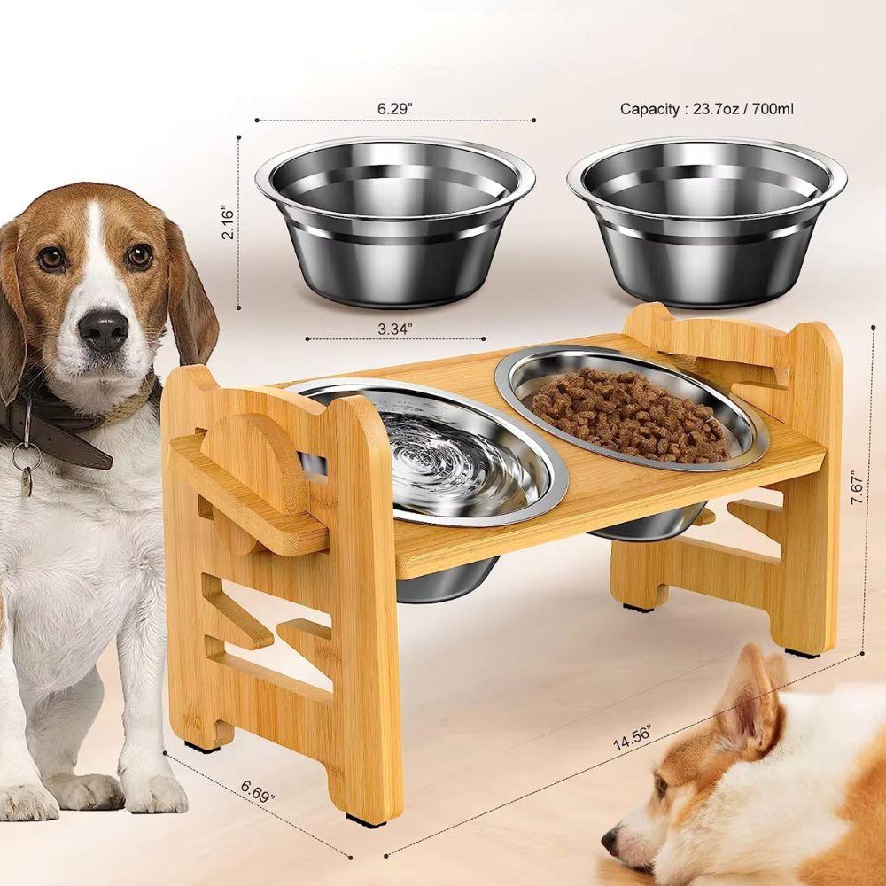 Adjustable Bamboo Elevated Dog Bowls with Stainless Steel Food BowlsPet Food/Water BowlBravo Pets