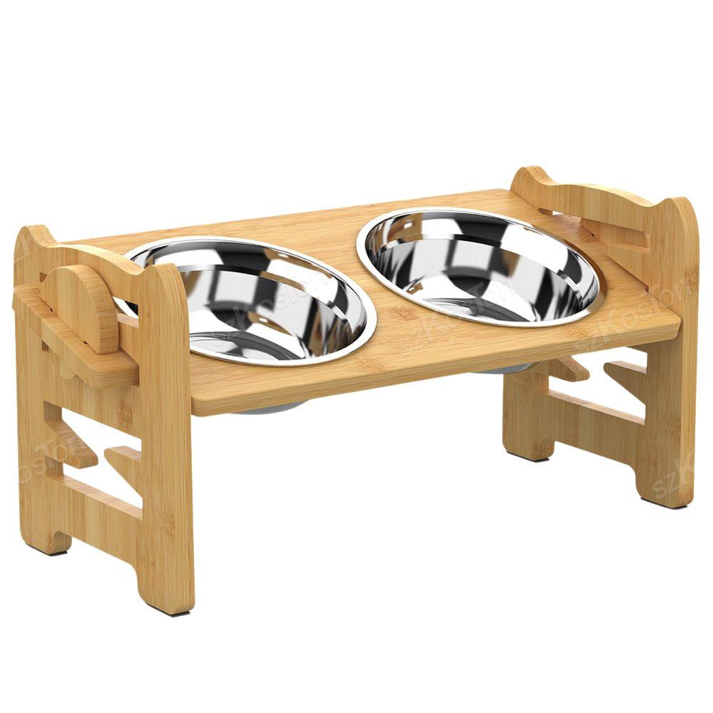 Adjustable Bamboo Elevated Dog Bowls with Stainless Steel Food BowlsPet Food/Water BowlBravo Pets