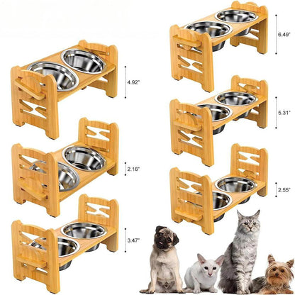 Adjustable Bamboo Elevated Dog Bowls with Stainless Steel Food BowlsPet Food/Water BowlBravo Pets