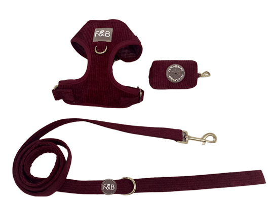 Trendy Royal Red Corduroy Harness, Leash & Poop Bag Holder Set – Elegant & Practical Pet Walking KitDog HarnessBravo Pets