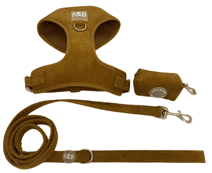 Trendy Mocha Brown Corduroy Harness, Leash & Poop Bag Holder Set – Stylish & Functional Pet Walking KitDog CollarBravo Pets